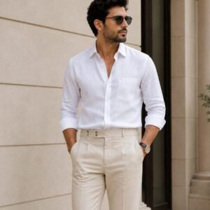 White Linen-Style Shirt & Pleated Beige Trousers